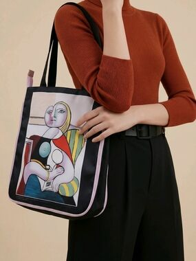 Source Unknown Black Tote with Multicolor Art Print and Pink Trim